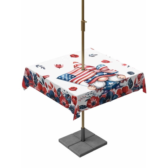 Outdoor Tablecloths with Umbrella Hole & Zipper, Independence Day 54x54 Inch Square Tablecloths, Gnomes American Flag Red Blue Flowers Waterproof Table Cloth, Patio/Pool/Picnic Table Covers