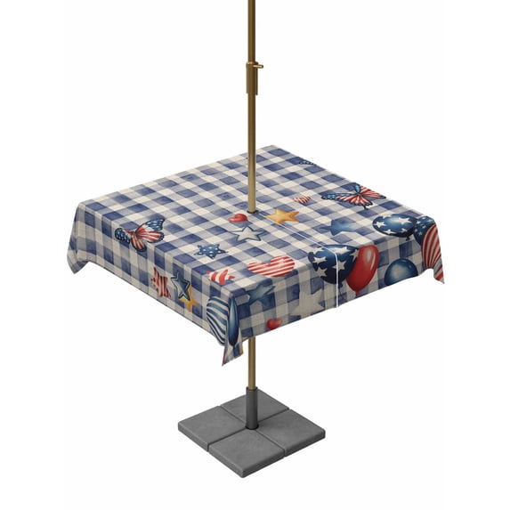Outdoor Tablecloths with Umbrella Hole & Zipper, Independence Day 60x60 Inch Square Tablecloths, Flag Balloons Butterflies Blue Plaid Waterproof Table Cloth, Patio/Pool/Picnic Table Covers
