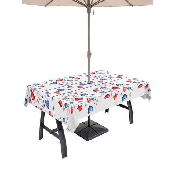 Outdoor Tablecloths with Umbrella Hole & Zipper, Independence Day Rectangle Tablecloth 52x70 Inch, 4th of July Red Blue Strip Love Leaves Waterproof Table Cloth, Patio/Pool/Picnic Table Covers