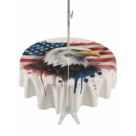 Outdoor Tablecloths with Umbrella Hole & Zipper, Independence Day Round Tablecloth 54 Inch, Patriotic Eagle U.S Flag Vintage Waterproof Table Cloth, Patio/Pool/Picnic Table Covers