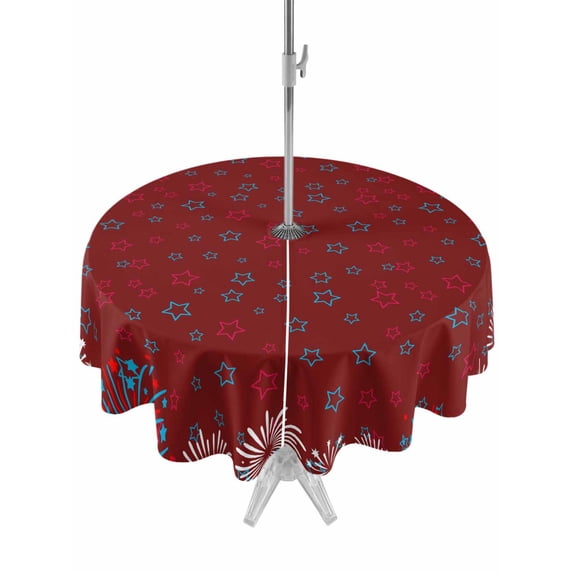 Outdoor Tablecloths with Umbrella Hole & Zipper, Independence Day Round Tablecloth 54 Inch, Red Fireworks Blue Stars Sparklers US Flag Waterproof Table Cloth, Patio/Pool/Picnic Table Covers