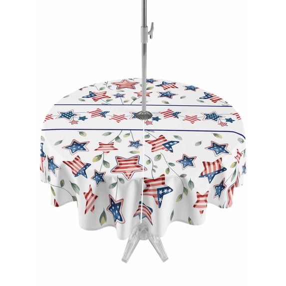 Outdoor Tablecloths with Umbrella Hole & Zipper, Independence Day Round Tablecloths 60 Inch, 4th of July Red Blue Stripes Star Leaves Waterproof Table Cloth, Patio/Pool/Picnic Table Covers