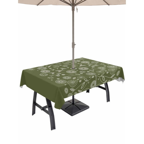 Outdoor Tablecloths with Umbrella Hole & Zipper, Japanese 60 x102 Inch Rectangle Tablecloths, Green Rustic Retro Pastoral Floral Leaves Waterproof Table Cloth, Patio/Pool/Picnic Table Covers