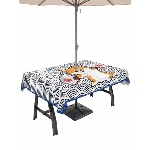 Outdoor Tablecloths with Umbrella Hole & Zipper, Japanese Cute Dogs 54x80 Inch Tablecloth Rectangle, Navy Blue Modern Abstract Waves Waterproof Table Cloth, Patio/Pool/Picnic Table Covers
