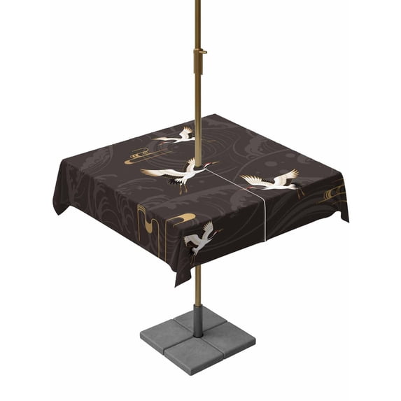 Outdoor Tablecloths with Umbrella Hole & Zipper, Japanese Style 60x60 Inch Square Tablecloths, Vintage Cranes Ocean Wave Black Grey Waterproof Table Cloth, Patio/Pool/Picnic Table Covers