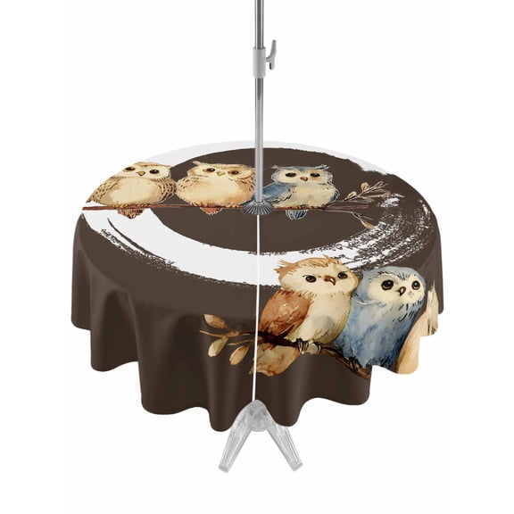 Outdoor Tablecloths with Umbrella Hole & Zipper, Japanese Style Round Tablecloth 54 Inch, Dark Brown Rustic Owl Birds Tree Branches Waterproof Table Cloth, Patio/Pool/Picnic Table Covers