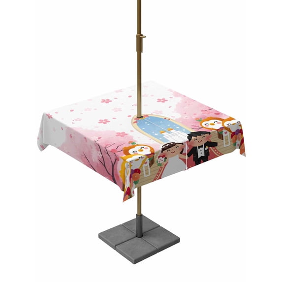 Outdoor Tablecloths with Umbrella Hole & Zipper, Japanese Wedding 54x54 Inch Square Tablecloths, Cute Owls Pink Cherry Blossoms Waterproof Table Cloth, Patio/Pool/Picnic Table Covers