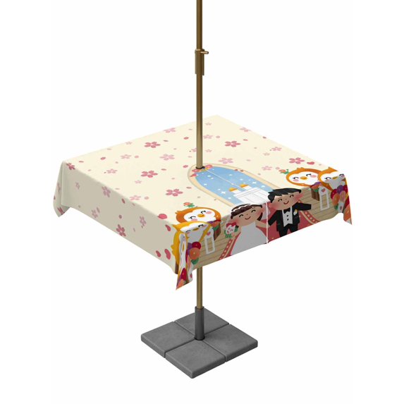 Outdoor Tablecloths with Umbrella Hole & Zipper, Japanese Wedding 60x60 Inch Square Tablecloths, Cute Owls Cherry Blossoms Beige Waterproof Table Cloth, Patio/Pool/Picnic Table Covers