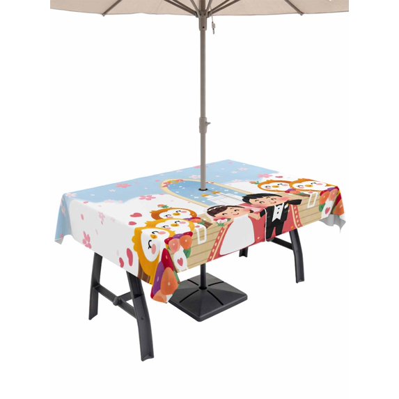 Outdoor Tablecloths with Umbrella Hole & Zipper, Japanese Wedding Rectangle Tablecloth 52x70 Inch, Cute Owls Cherry Blossoms Blue Waterproof Table Cloth, Patio/Pool/Picnic Table Covers