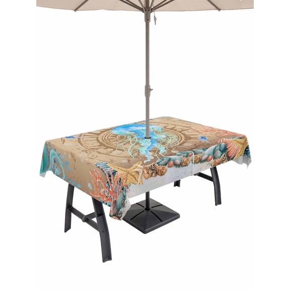Outdoor Tablecloths with Umbrella Hole & Zipper, Jellyfish Coastal Rectangle Tablecloth 60x120 Inch, Summer Nautical Starfish Coral Brown Anchor Waterproof Table Cloth, Patio/Pool Table Covers
