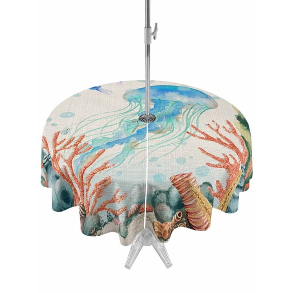 Outdoor Tablecloths with Umbrella Hole & Zipper, Jellyfish Coastal Round Tablecloths 60 Inch, Summer Nautical Starfish Coral Beige Waterproof Table Cloth, Patio/Pool/Picnic Table Covers