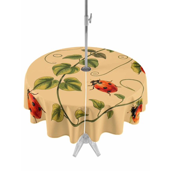 Outdoor Tablecloths with Umbrella Hole & Zipper, Ladybugs Eucalyptus Round Tablecloth 54 Inch, Spring Botanical Leaves Yellow Waterproof Table Cloth, Patio/Pool/Picnic Table Covers