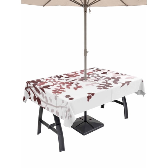 Outdoor Tablecloths with Umbrella Hole & Zipper, Leaves Tablecloth Rectangle 60x84 Inch, Pink Brown Summer Botanical Waterproof Table Cloth, Patio/Pool/Picnic Table Covers