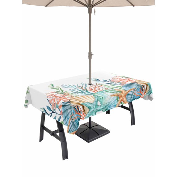 Outdoor Tablecloths with Umbrella Hole & Zipper, Marine Life 60 x102 Inch Rectangle Tablecloths, Nautical Underwater Coral Shell Starfish Watercolor Waterproof Table Cloth, Patio/Pool Table Covers