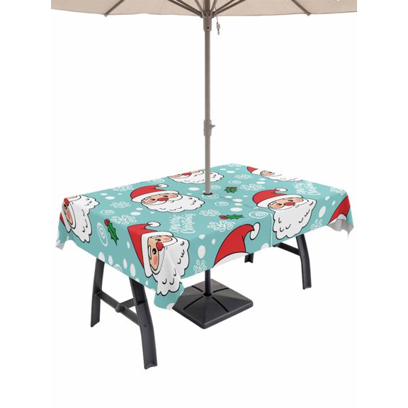 Outdoor Tablecloths with Umbrella Hole & Zipper, Merry Christmas Rectangle Tablecloth 52x70 Inch, Santa Claus Xmas Winter Leaves Snowflake Blue Waterproof Table Cloth, Patio/Pool/Picnic Table Covers
