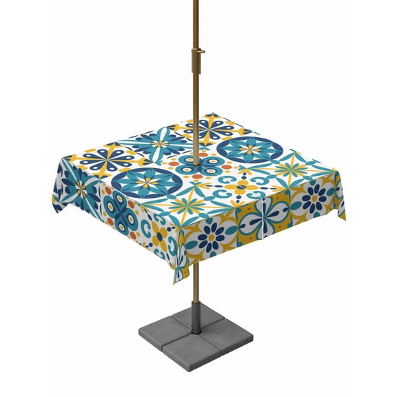 Outdoor Tablecloths with Umbrella Hole & Zipper, Modern Mediterranean 54x54 Inch Square Tablecloths, Retro Moroccan Tiles Texture Vlue Yellow Waterproof Table Cloth, Patio/Pool/Picnic Table Covers