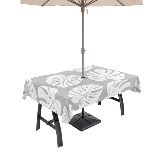 Outdoor Tablecloths with Umbrella Hole & Zipper, Monstera Leaves 60 x102 Inch Rectangle Tablecloths, Modern Minimalist Botanical Tropical Gray Waterproof Table Cloth, Patio/Pool/Picnic Table Covers