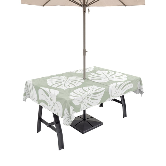 Outdoor Tablecloths with Umbrella Hole & Zipper, Monstera Leaves 60 x102 Inch Rectangle Tablecloths, Summer Tropical Botanical Sage Green Waterproof Table Cloth, Patio/Pool/Picnic Table Covers