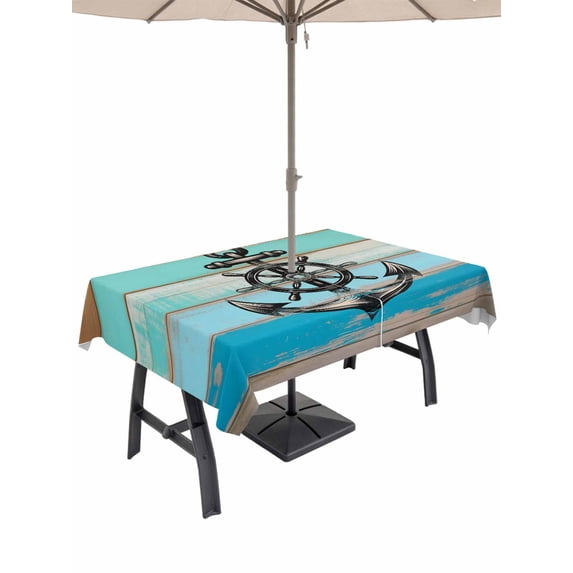 Outdoor Tablecloths with Umbrella Hole & Zipper, Nautical Anchor Tablecloth Rectangle 60x84 Inch, Retro Blue Brown Wooden Boards Farmhouse Waterproof Table Cloth, Patio/Pool/Picnic Table Covers