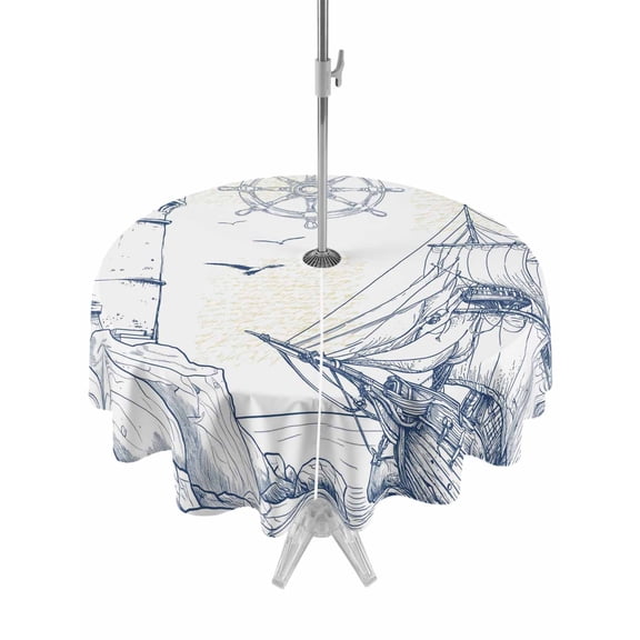 Outdoor Tablecloths with Umbrella Hole & Zipper, Nautical Ship Lighthouse Round Tablecloths 60 Inch, Ocean Anchor Rudder Lines Art Waterproof Table Cloth, Patio/Pool/Picnic Table Covers