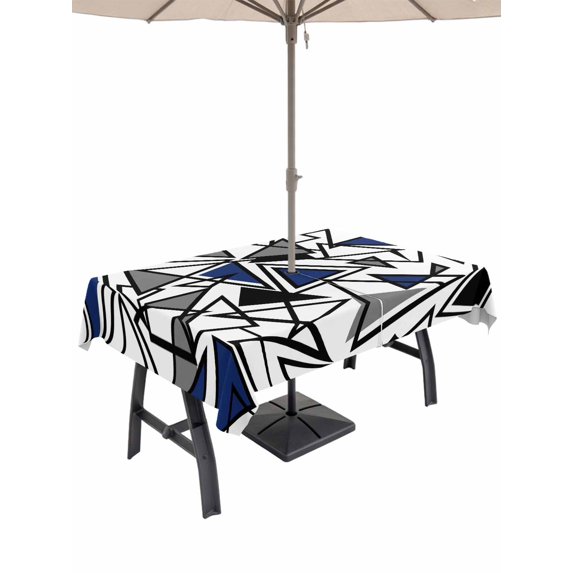 Outdoor Tablecloths with Umbrella Hole & Zipper, Navy Blue Black Geometric 60 x102 Inch Rectangle Tablecloths, Abstract Art Modern Line Waterproof Table Cloth, Patio/Pool/Picnic Table Covers