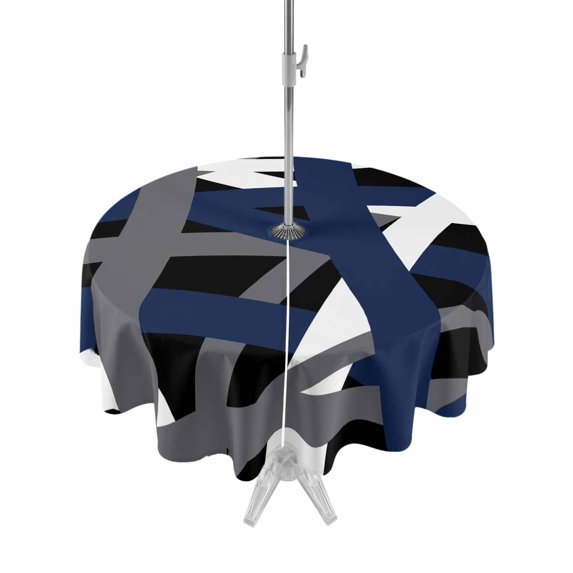 Outdoor Tablecloths with Umbrella Hole & Zipper, Navy Blue Black Geometric Round Tablecloth 54 Inch, Modern Art Abstract Grey Line Waterproof Table Cloth, Patio/Pool/Picnic Table Covers