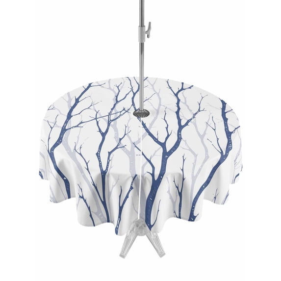 Outdoor Tablecloths with Umbrella Hole & Zipper, Navy Blue Branches Round Tablecloths 60 Inch, Modern Abstract Art Forest Silhouettes Waterproof Table Cloth, Patio/Pool/Picnic Table Covers