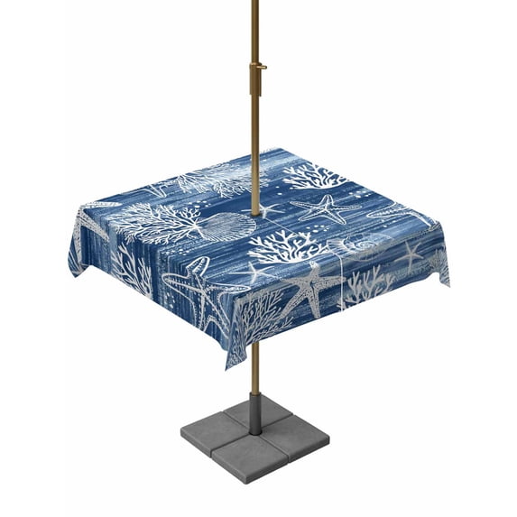 Outdoor Tablecloths with Umbrella Hole & Zipper, Navy Blue Coastal 60x60 Inch Square Tablecloths, Summer Beach Nautical Starfish Coral Vintage Waterproof Table Cloth, Patio/Pool/Picnic Table Covers