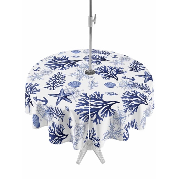 Outdoor Tablecloths with Umbrella Hole & Zipper, Navy Blue Coastal Round Tablecloth 54 Inch, Coral Starfish Seaside Summer Beach Waterproof Table Cloth, Patio/Pool/Picnic Table Covers