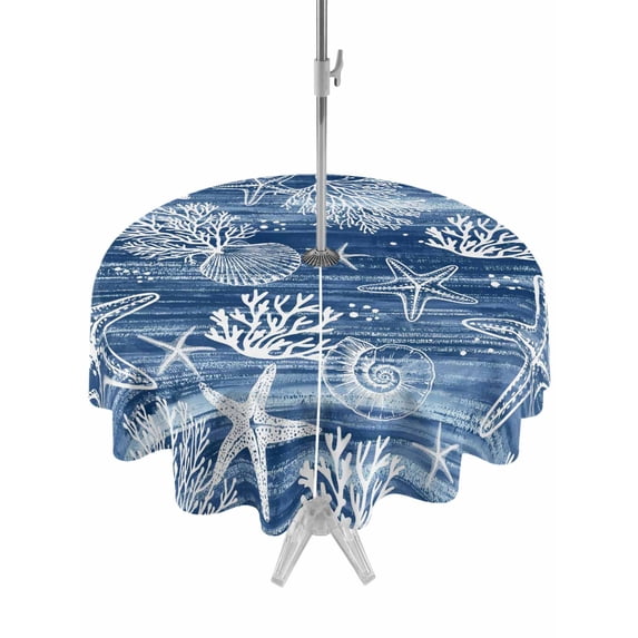 Outdoor Tablecloths with Umbrella Hole & Zipper, Navy Blue Coastal Round Tablecloth 54 Inch, Summer Beach Nautical Starfish Coral Vintage Waterproof Table Cloth, Patio/Pool/Picnic Table Covers