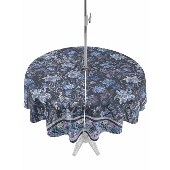 Outdoor Tablecloths with Umbrella Hole & Zipper, Navy Blue Floral Boho Round Tablecloths 60 Inch, Ethnic Tribe Abstract Art Flower Waterproof Table Cloth, Patio/Pool/Picnic Table Covers