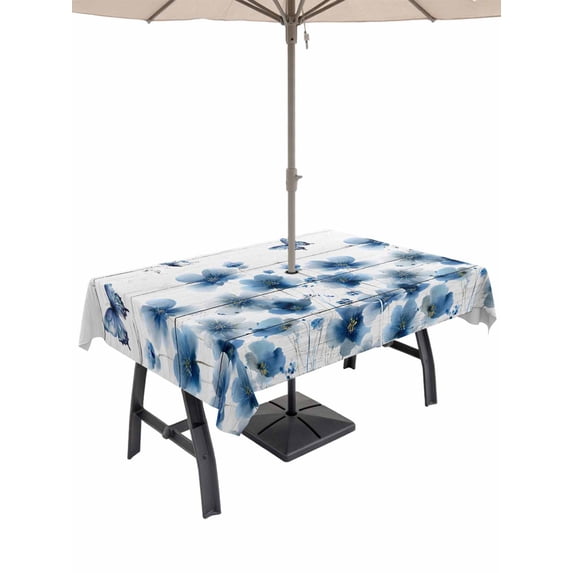 Outdoor Tablecloths with Umbrella Hole & Zipper, Navy Blue Floral Rectangle Tablecloth 52x70 Inch, Spring Flowers Butterflies Wooden Waterproof Table Cloth, Patio/Pool/Picnic Table Covers