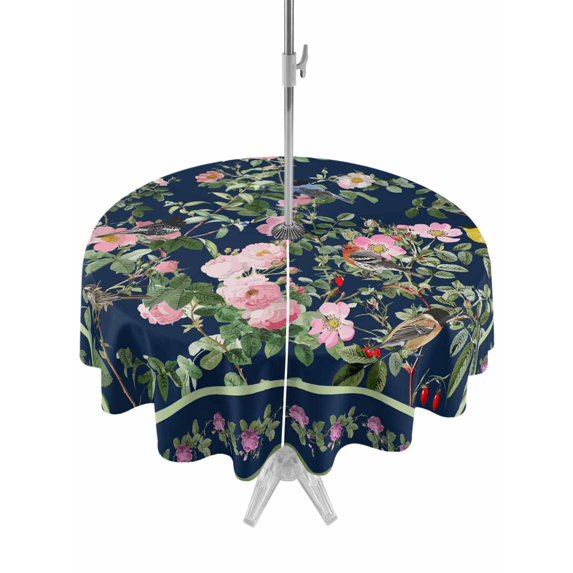 Outdoor Tablecloths with Umbrella Hole & Zipper, Navy Blue Flowers Round Tablecloths 60 Inch, Spring Floral Elegant Pastoral Botanical Waterproof Table Cloth, Patio/Pool/Picnic Table Covers