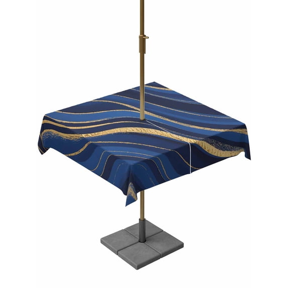 Outdoor Tablecloths with Umbrella Hole & Zipper, Navy Blue Moire 60x60 Inch Square Tablecloths, Modern Abstract Art Waterproof Table Cloth, Patio/Pool/Picnic Table Covers