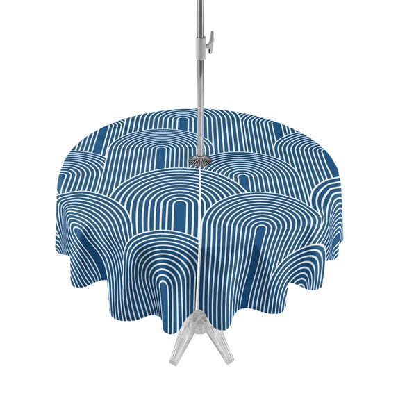 Outdoor Tablecloths with Umbrella Hole & Zipper, Navy Blue Ombre Round Tablecloth 54 Inch, Farmhouse Stripes Modern Abstract Art Waterproof Table Cloth, Patio/Pool/Picnic Table Covers
