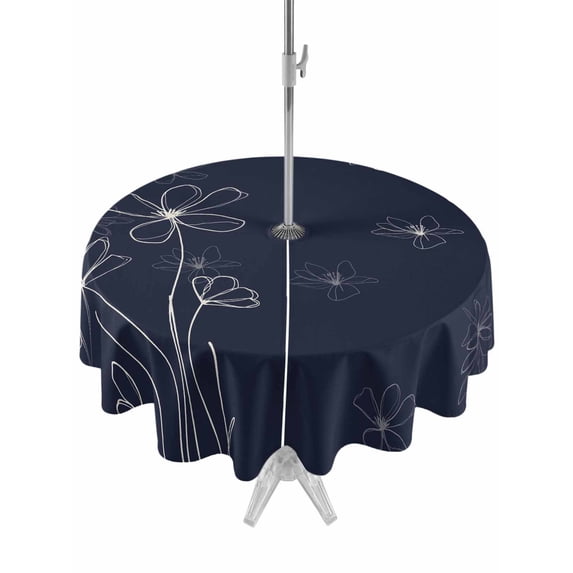 Outdoor Tablecloths with Umbrella Hole & Zipper, Navy Blue Round Tablecloth 54 Inch, Spring Flora Waterproof Table Cloth, Patio/Pool/Picnic Table Covers