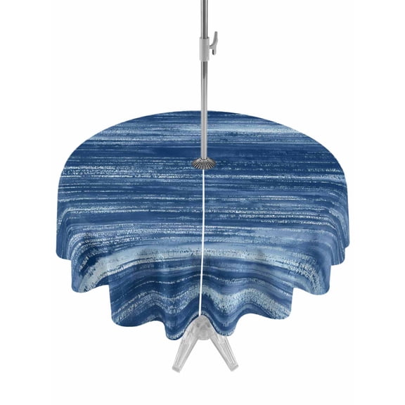 Outdoor Tablecloths with Umbrella Hole & Zipper, Navy Blue Round Tablecloth 54 Inch, Vintage Modern Abstract Art Ombre Waterproof Table Cloth, Patio/Pool/Picnic Table Covers