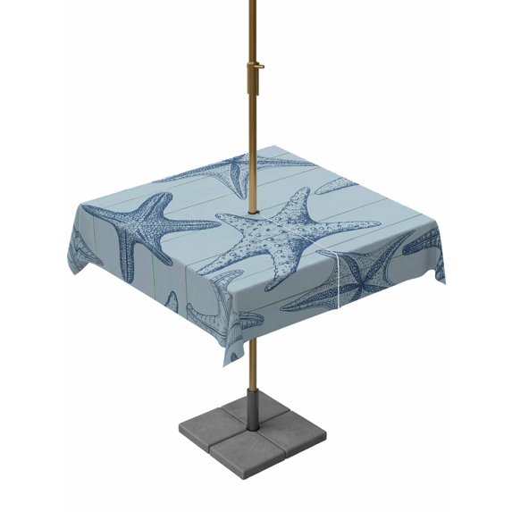 Outdoor Tablecloths with Umbrella Hole & Zipper, Navy Blue Starfish 60x60 Inch Square Tablecloths, Coastal Ocean Summer Sea Nautical Waterproof Table Cloth, Patio/Pool/Picnic Table Covers