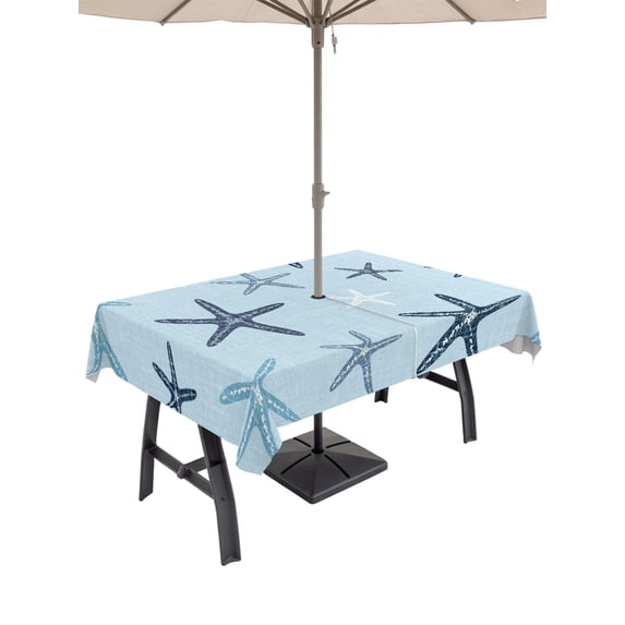 Outdoor Tablecloths with Umbrella Hole & Zipper, Navy Blue Starfish Tablecloth Rectangle 60x84 Inch, Coastal Summer Beach Vintage Waterproof Table Cloth, Patio/Pool/Picnic Table Covers
