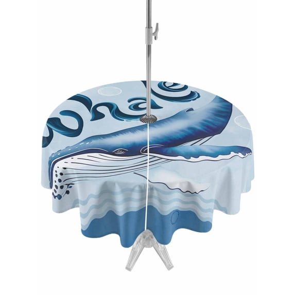 Outdoor Tablecloths with Umbrella Hole & Zipper, Navy Blue Whale Round Tablecloth 54 Inch, Summer Coastal Bubbles Ocean Waves Waterproof Table Cloth, Patio/Pool/Picnic Table Covers