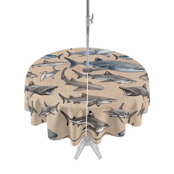 Outdoor Tablecloths with Umbrella Hole & Zipper, Ocean Sharks Round Tablecloths 60 Inch, Vintage Coastal Underwater Animals Brown Waterproof Table Cloth, Patio/Pool/Picnic Table Covers