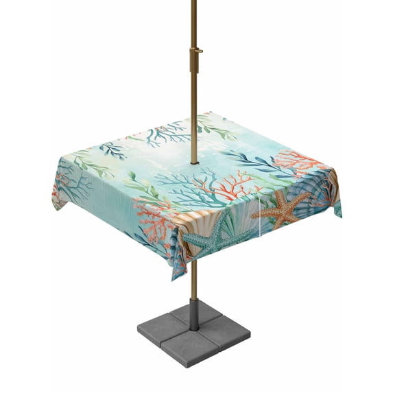 Outdoor Tablecloths with Umbrella Hole & Zipper, Ocean Starfish Seaweed 60x60 Inch Square Tablecloths, Summer Coastal Beach Shell Coral Teal Waterproof Table Cloth, Patio/Pool/Picnic Table Covers