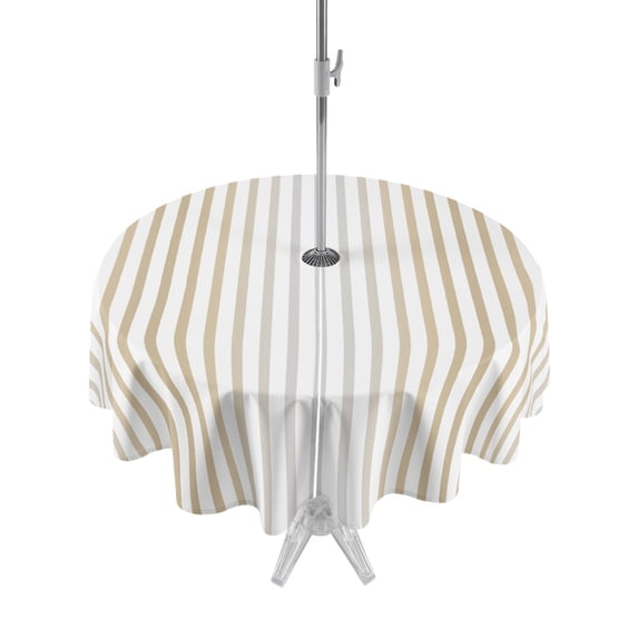 Outdoor Tablecloths with Umbrella Hole & Zipper, Ombre Beige Grey Striped Round Tablecloth 54 Inch, Farmhouse Modern Stripes Waterproof Table Cloth, Patio/Pool/Picnic Table Covers