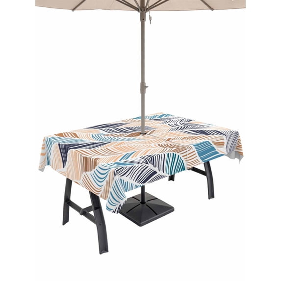 Outdoor Tablecloths with Umbrella Hole & Zipper, Ombre Blue Brown Rectangle Tablecloth 60x120 Inch, Summer Abstract Coastal Ocean Beach Wave Waterproof Table Cloth, Patio/Pool/Picnic Table Covers