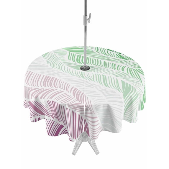 Outdoor Tablecloths with Umbrella Hole & Zipper, Ombre Green Pink Round Tablecloths 60 Inch, Summer Coastal Ocean Sea Beach Wave Waterproof Table Cloth, Patio/Pool/Picnic Table Covers