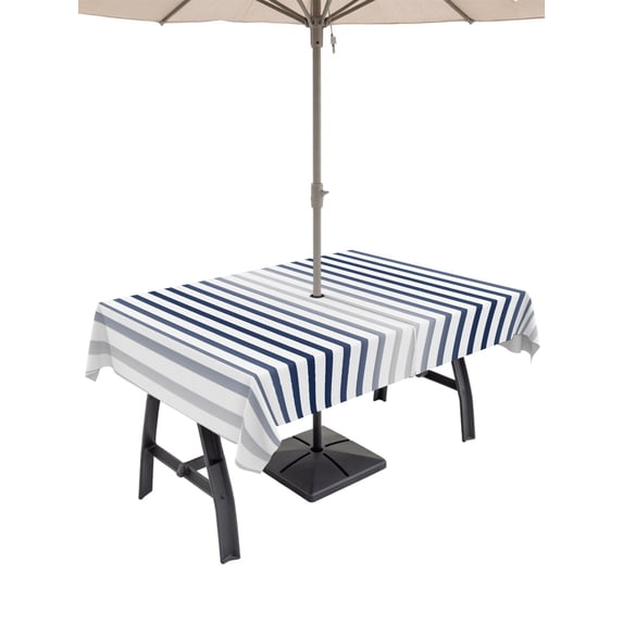 Outdoor Tablecloths with Umbrella Hole & Zipper, Ombre Navy Blue Grey Striped Tablecloth Rectangle 60x84 Inch, Farmhouse Modern Stripes Waterproof Table Cloth, Patio/Pool/Picnic Table Covers