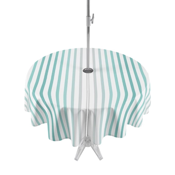 Outdoor Tablecloths with Umbrella Hole & Zipper, Ombre Teal Grey Striped Round Tablecloth 54 Inch, Farmhouse Modern Stripes Waterproof Table Cloth, Patio/Pool/Picnic Table Covers