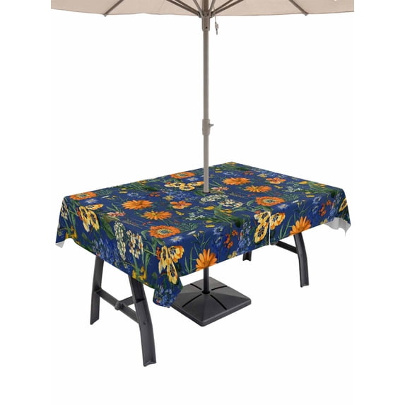 Outdoor Tablecloths with Umbrella Hole & Zipper, Orange Blue Spring Floral 54x80 Inch Tablecloth Rectangle, Vintage Botanical Summer Flower Waterproof Table Cloth, Patio/Pool/Picnic Table Covers