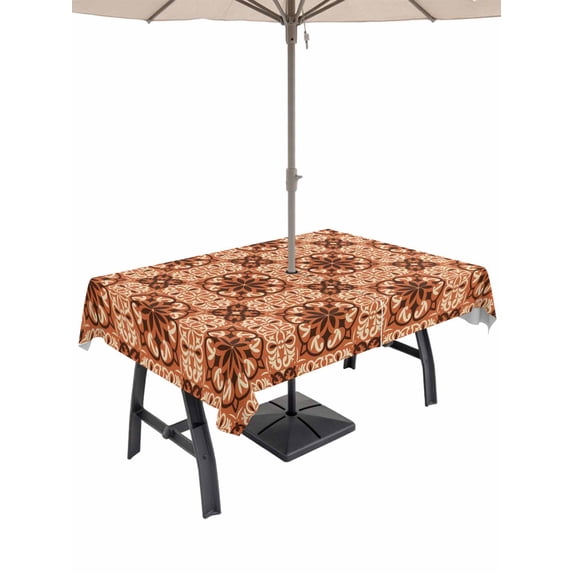 Outdoor Tablecloths with Umbrella Hole & Zipper, Orange Brown Flowers Rectangle Tablecloth 60x120 Inch, Farmhouse Retro Abstract Floral Waterproof Table Cloth, Patio/Pool/Picnic Table Covers