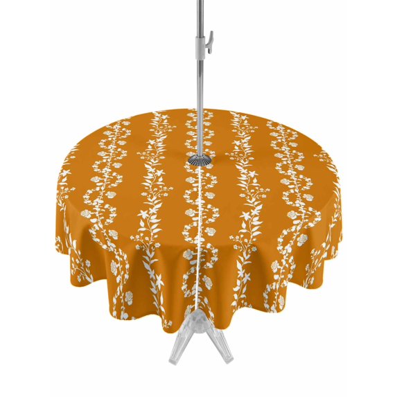 Outdoor Tablecloths with Umbrella Hole & Zipper, Orange Spring Leaves Round Tablecloths 60 Inch, Pastoral Botanical Striped Flowers Waterproof Table Cloth, Patio/Pool/Picnic Table Covers
